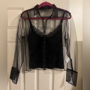 Tulle button-up shirt with lace-trim camisole